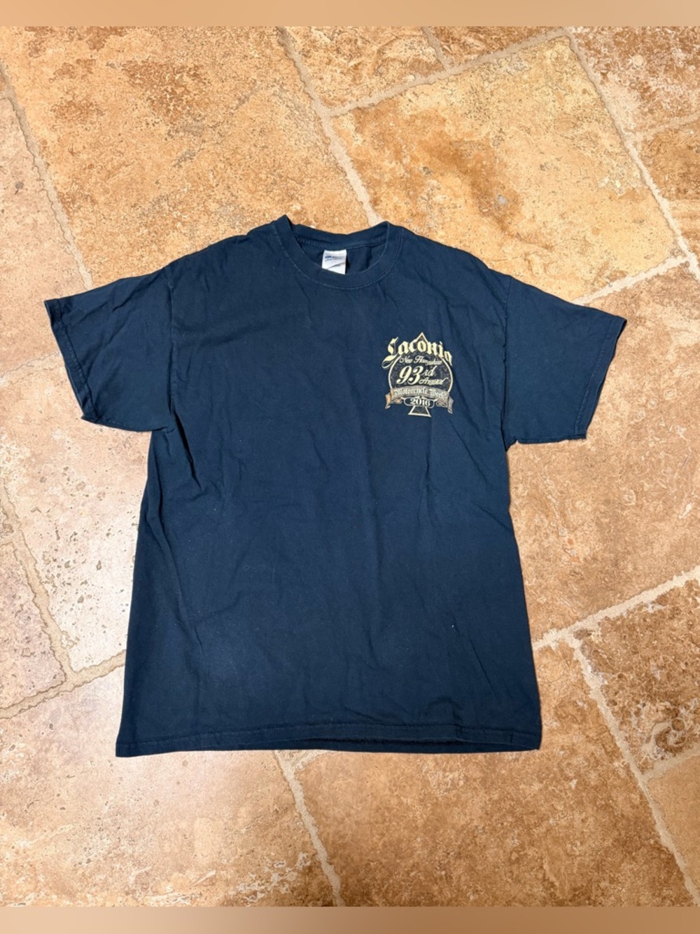 Gildan Men’s Size Large Navy Saconia Motorcycle Week Graphic T-Shirt